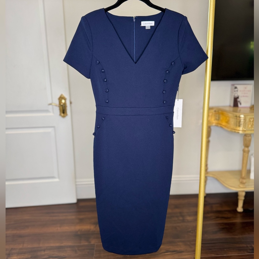 Calvin Klein Blue Sheath Midi Dress V-Neck Short Sleeve